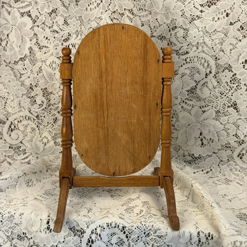 Vintage Wood Swivel Vanity Mirror Oval Tabletop Cheval Spindle Frame Farmhouse